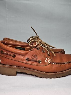 Vintage TIMBERLAND 3 Eye Boat Shoes Mens 8 Orange Brown Leather Custom Resoled